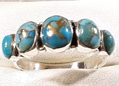 925 STERLING SILVER BEADED DESIGN 5 STONES MATRIX TURQUOISE SIZE 9 RING 3.8g