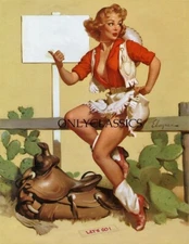 1957 Rare Gil Elvgren Brown & Bigelow Pin-Up Print Buxom Cowgirl In Let's Go!