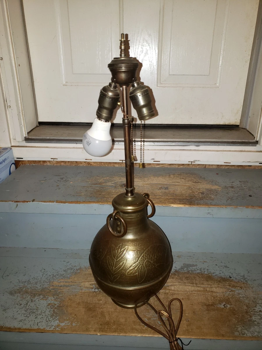 Vintage Hammered Copper Lamp w two ring handles Solid Copper etched