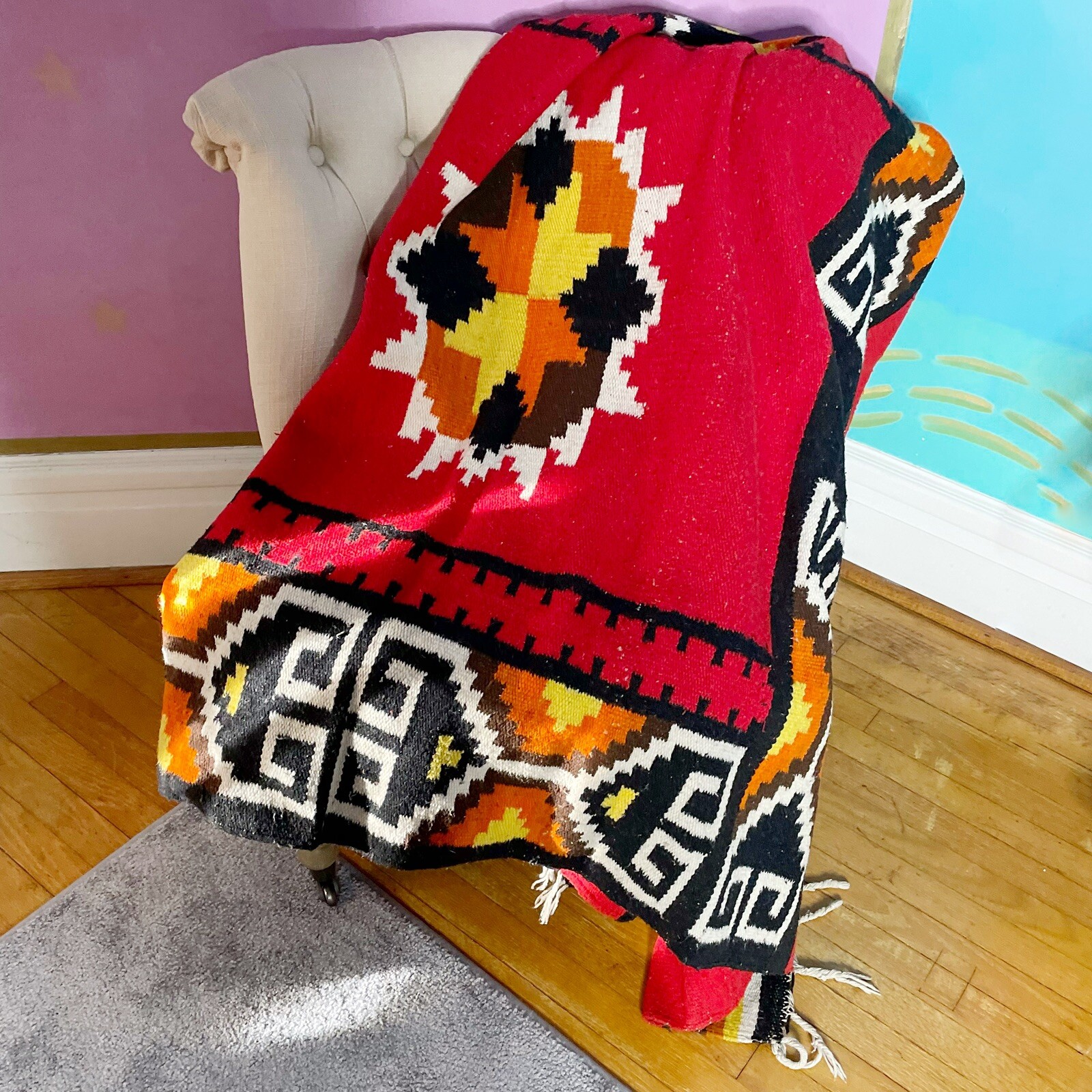 Native Natural Throw Vintage Woven Blanket Southwestern Fringe Rug Throw Red Native Tribal ...