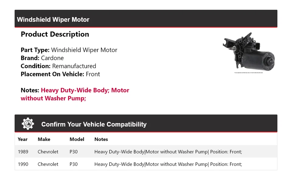 Motor limpiaparabrisas delantero cardone Chevrolet P30 1989-1990 Foto 2 de 4