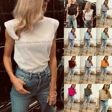 Womens Ladies Padded  Shoulders Short Cap Sleeve T Shirt Top Basic Cotton Blouse