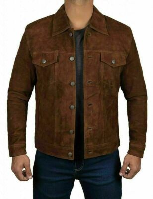 Herren Logan dunkelbraune echte Wildleder Lederjacke Mantel Denim Trucket Kno...