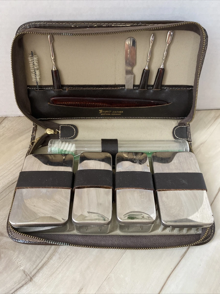 Vintage Leather Mens Vanity Travel Toiletry Grooming Set Kit 1930s 1950s