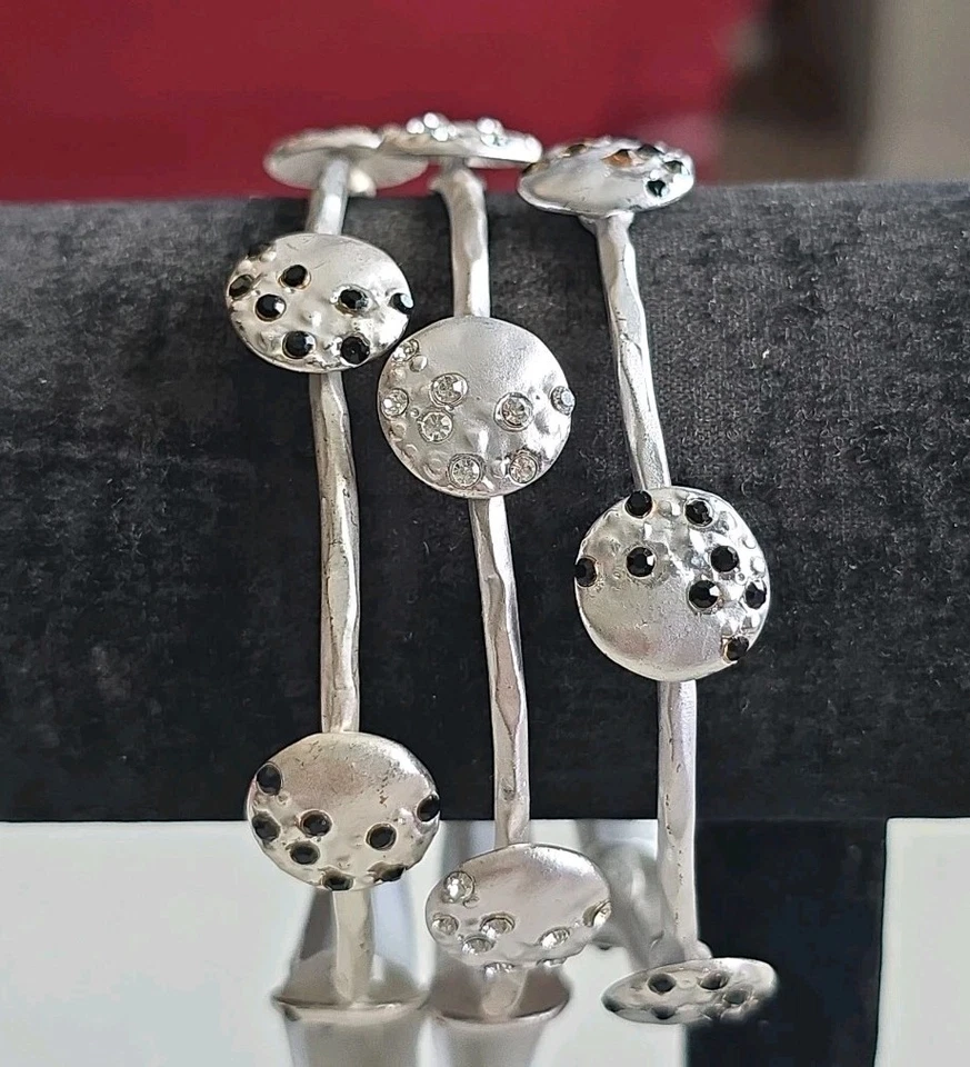 Michele's Attic Boutique Matte Silver Hammered Bangles (3PCS) with Rhinestones - Image 3 of 4