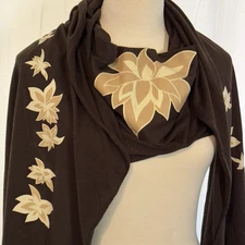 Ebb & Flow Brown Floral Long Scarf 16”x92” Lotus Flowers Beige Jersey Knit New