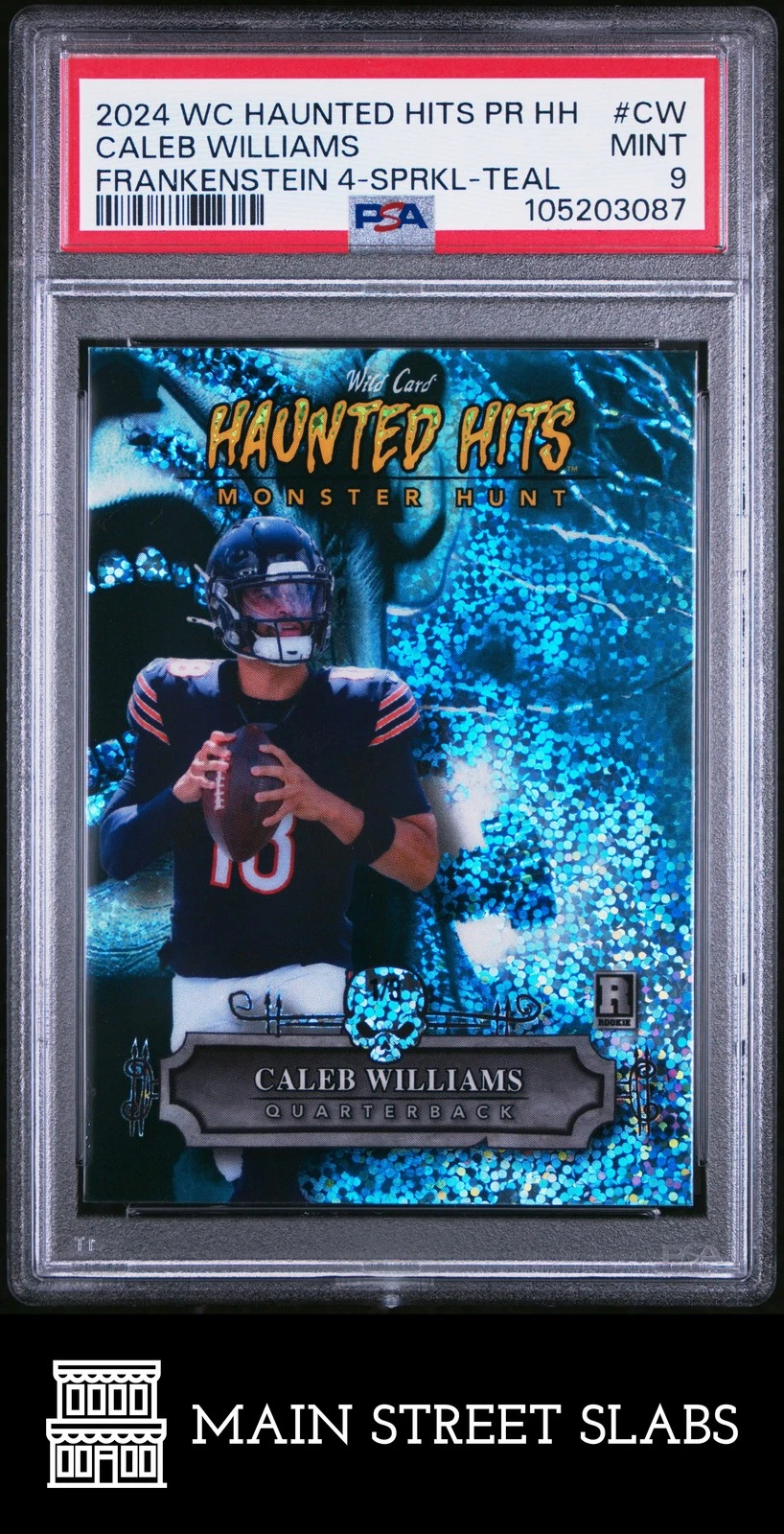 Caleb Williams Wild Card Haunted Hits Monster Hunt Promo Haunted Hits Frankenstein #CW Frankenstein 4-Sparkle Foil-Teal