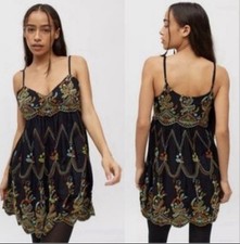 Urban Outfitters Jamie Embroidered Babydoll Dress Boho Sz XS Black Mini