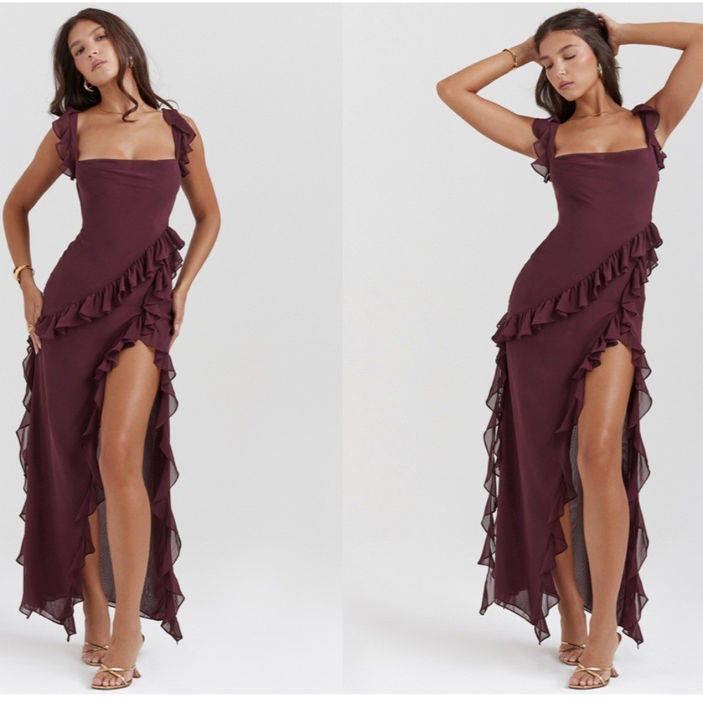 HOUSE OF CB ARIELA MULBERRY RUFFLE MAXI DRESS wine size XL NWOT | eBay