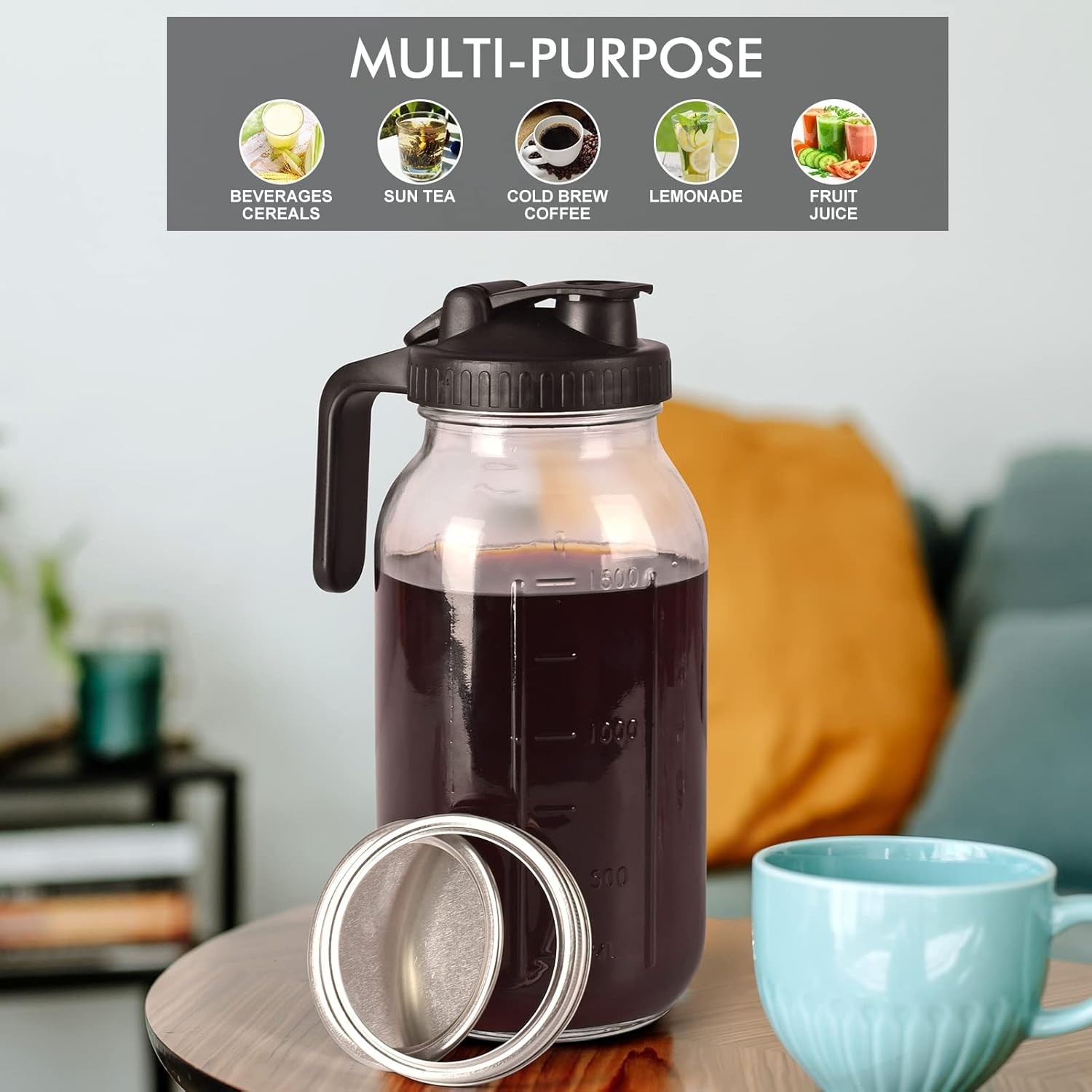 Cold Brew Mason Jar Iced Coffee Maker, Durable Glass, - 64 Oz (2 Quart / 1.9 Lit