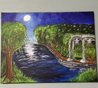 18” x 24” Original Acrylic Painting on Canvas Moonlit willow laketree stone — photo 1
