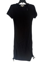 No Comment Ribbed Short-Sleeve Black Dress Fitted Club Wear Mini - Size L