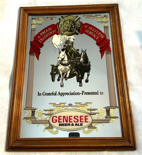 Vintage Genesee Beer and Ale Mirror Sign in Appreciation to Firefighters