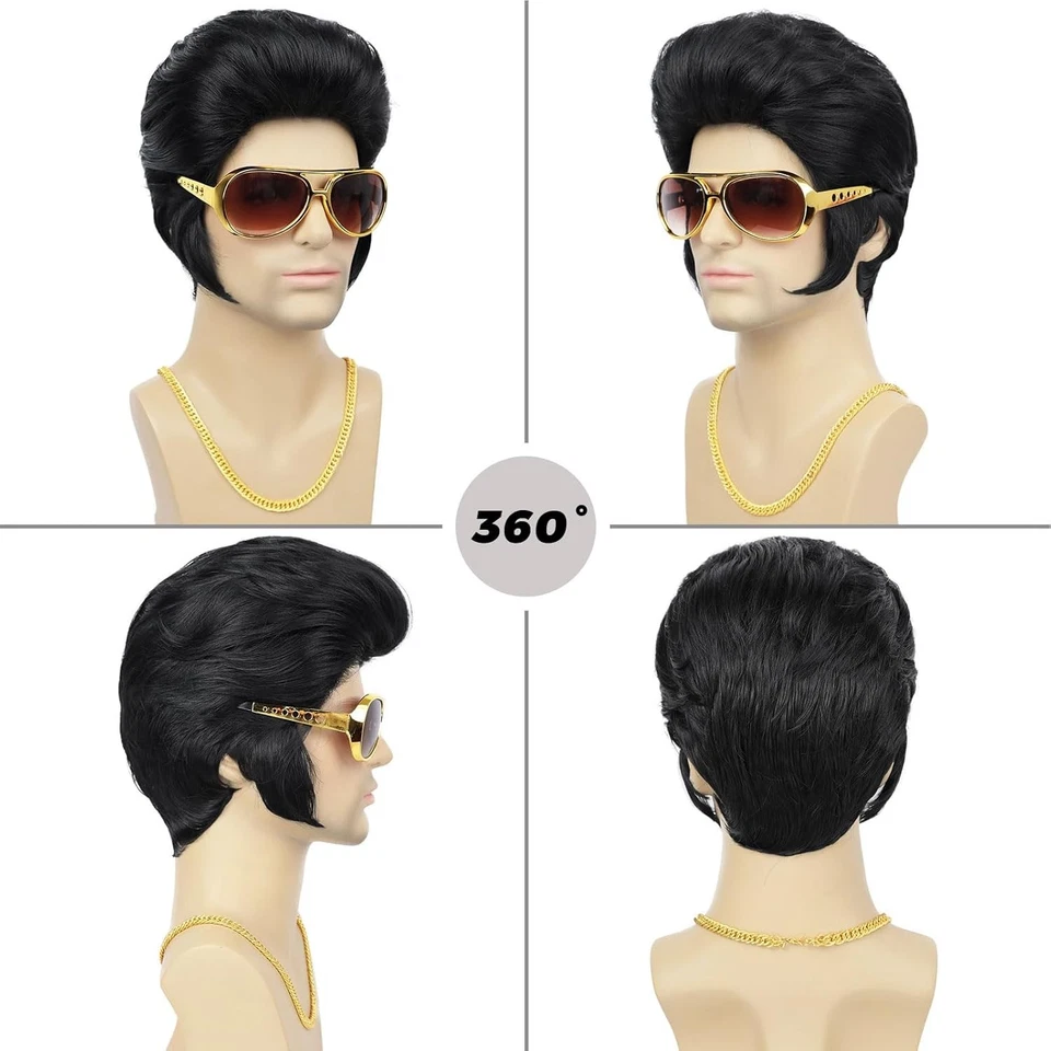 Peluca de roca Elvis Presley Halloween años 50 60 con gafas y collar cantante Foto 4 de 4