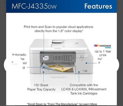 Brother MFC-J4335DW Wireless Printer Powers On Missing Ink Cartridges