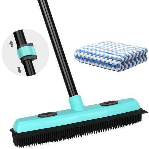 Rubber Broom Carpet Rake for Pet Hair Removal, Fur Remover Broom with 59" Tel...