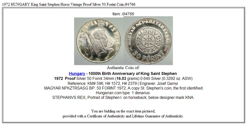 1972 HUNGARY King Saint Stephen Horse Vintage Proof Silver 50 Forint Coin i94766 - Image 3 of 3
