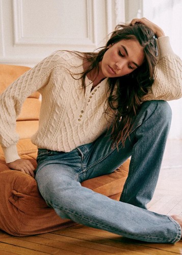 Sezane Women Autumn Long Sleeve Cream Bree Jumper Sweater Henley Knit Top SML - Bild 4 von 5