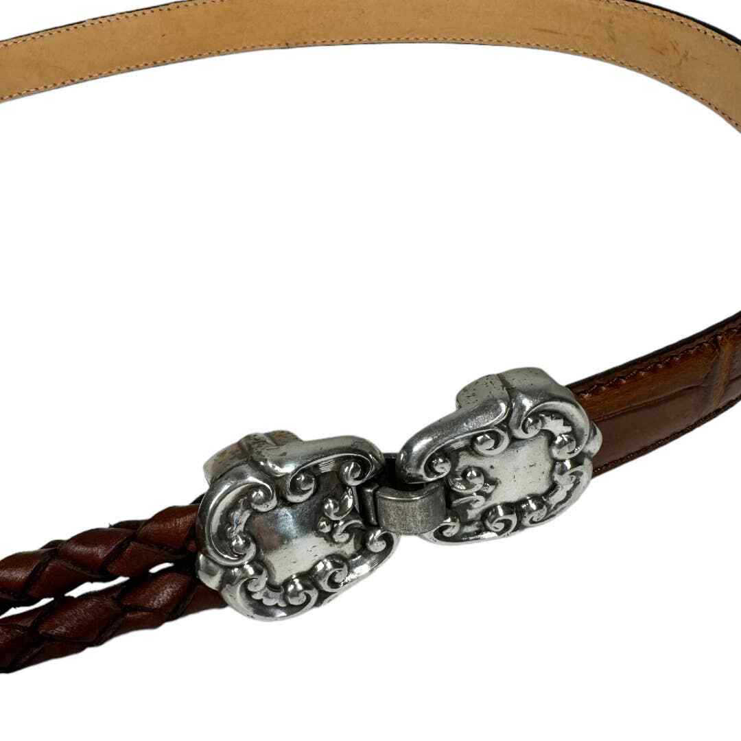 Vintage 90s Western Brown Leather Braided Double Tie Belt M/L Silver Croc New Brown Braided Leather Belt | 90s Vintage Greg Norman Woven  main image 4