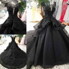 Luxury Beaded Black Wedding Dresses Long Train Cap Sleeves Princess Bridal Gowns