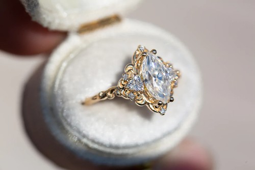 Engagement Ring 14K Yellow Gold Plated 1.0 Carat Marquise Cut Moissanite Ring - Picture 11 of 19