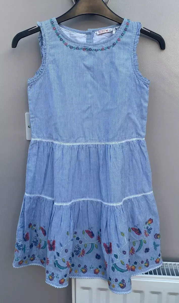 Fat Face Girls Dress Age 8 9 Years Blue White Striped Summer