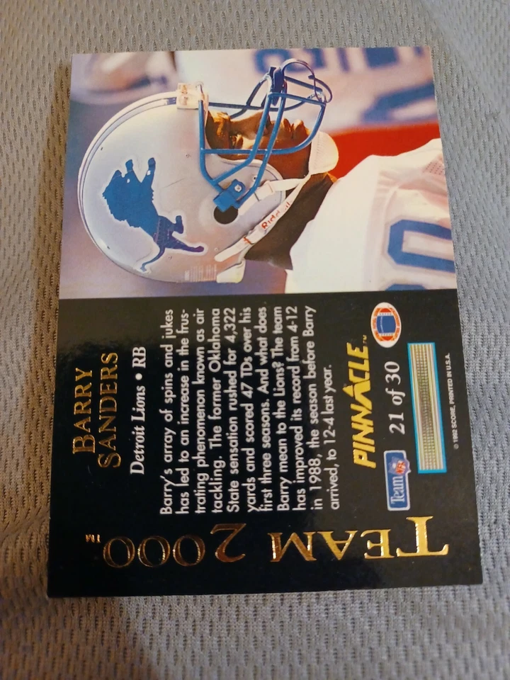 1-1992 PINNACLE TEAM 2000 BARRY SANDERS LIONS CARD#21 - Image 2 of 2