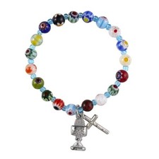 First Communion Bracelet Flower Beads F1044 W/ Chalice  Cross Dangle