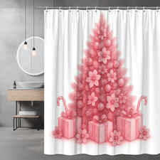 Pink Christmas Tree Shower Curtain with Flowers and Gifts