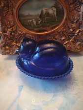 VTG Indiana? Glass Cat On Nest Cobalt Blue Candy Dish/Lid Nesting Kitten