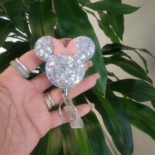 Silver GLITTER  PEACH MADE With Minnie Mouse Heavy Duty Badge Reel Holder