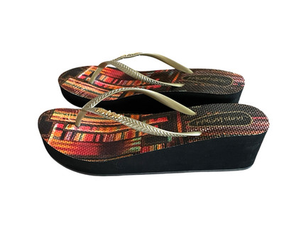 JAMS WORLD Womens Size 10 Gold Black Wedge Heel Slip-On Thong Flip Flop Sandals