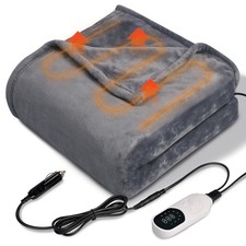 12V Heated Car Blanket Flannel Gentle Soft with 3 Time 9 59" x 39", Grey