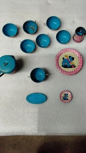 Ohio Art Vintage Tin Toy Tea Set Blue Dog Motif Multiple Pieces