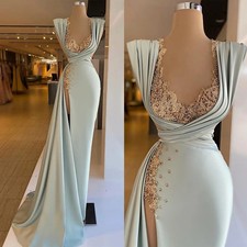 Sexy Mermaid Long Prom Dresses Beads Lace Appliques Evening Gowns Sweep Train