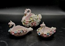 3pc 1950s Lefton China Pink Porcelain Applied Flowers Rhinestones Swan Set