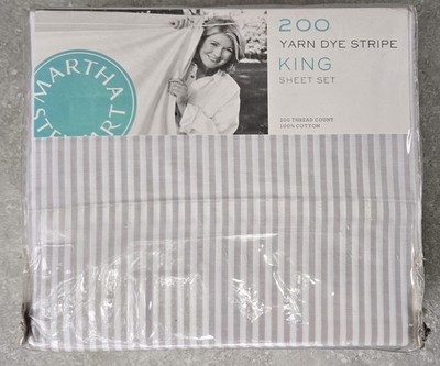 Martha Stewart Macys 100% Cotton Chambray Gray Awning Stripe King Sheet Set $180