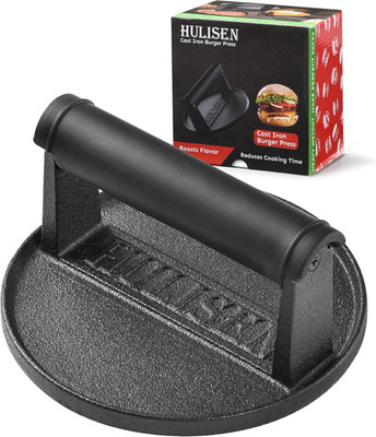 Pre-Seasoned Cast Iron Burger Press, Heavy Duty 6  Burger Smasher for Griddle wi