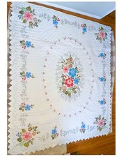 Hand Crafted Embroidered Quilt with Intricate Floral Design, 92"x77"