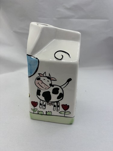 Vintage Ganz Cow Fream Cream Milk Carton Ceramic Creamer Pitcher 6" Crazing