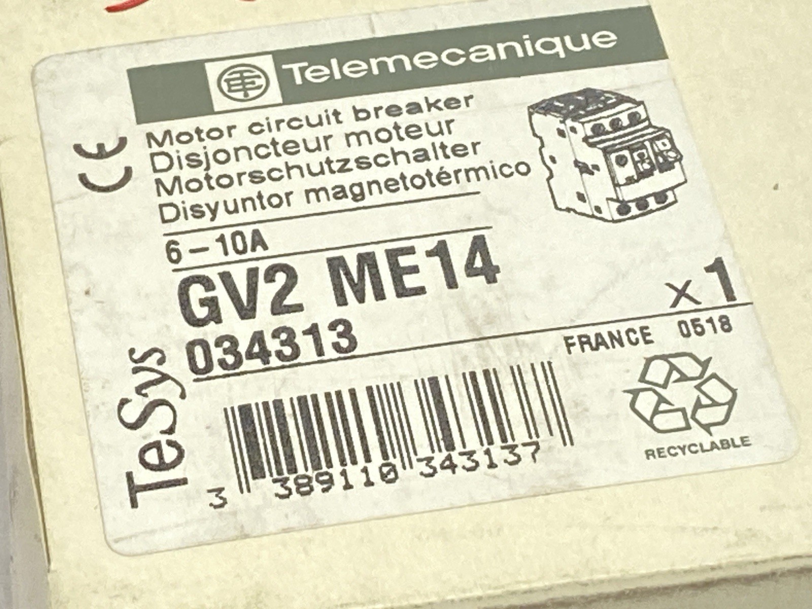 Schneider Electric GV2ME14 Telemecanique Motor Circuit Breaker 6-10A