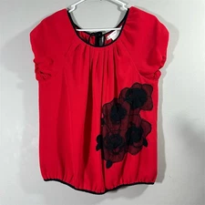 Studio M Women's Red Peasant Blouse Floral Applique Size L