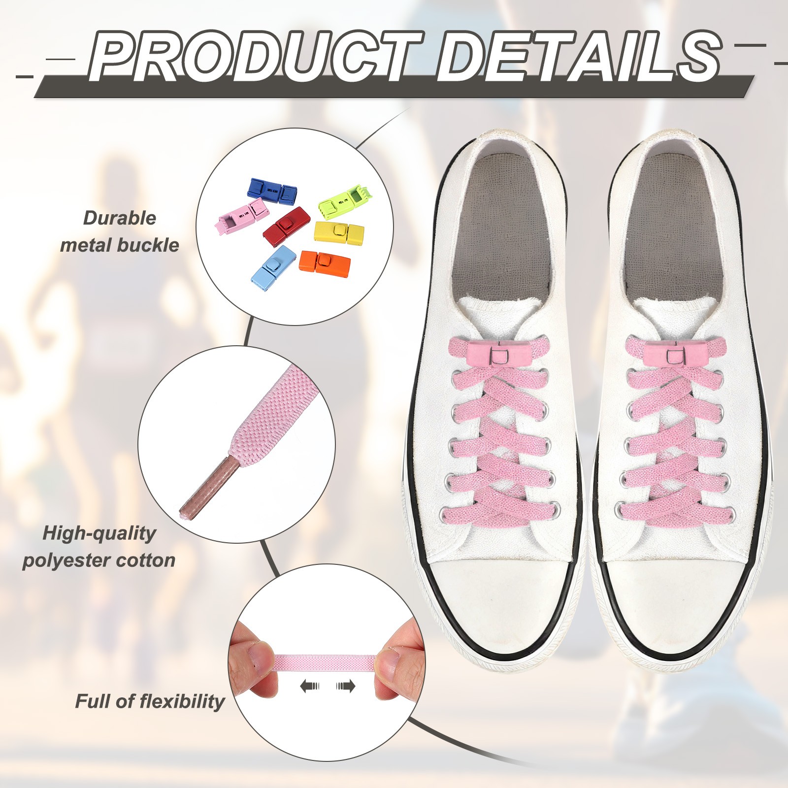 No Tie Shoelaces with 2 Metal Square Buckle Clips, 1Pair & Dark Gray