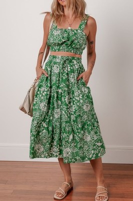 Green And White Summer Floral Crop Top And Skirt, M