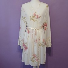 Valerie Stevens Intimates Womens Mid Robe M Ivory Sheer Pink Floral Lace Cuff
