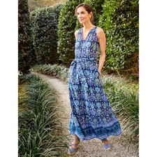 Talbots Floret Medallion Maxi Dress Sz 6 Blue Floral Sleeveless Belted Cotton