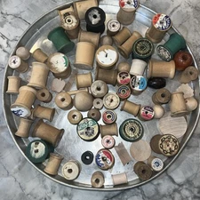 Lot - 58 Vintage Wood Wooden Empty craft Sewing Thread Spools Blue Green Natural