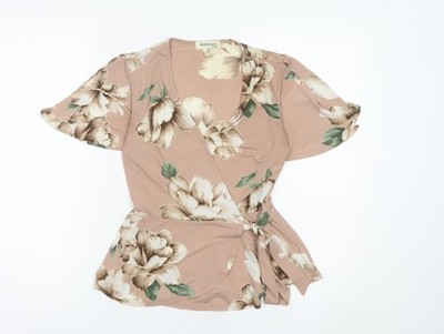 Monteau Damen Wickelbluse rosa Blumen S kurze Flatterärmel