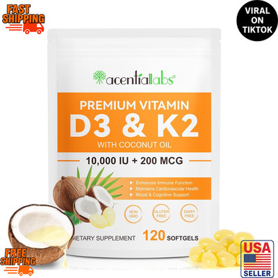 Vitamin D3 K2 10000 IU 200mcg MK7 120 Softgels Coconut Oil