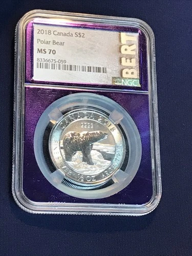 2018 $2 CANADA 1/2OZ .9999 SILVER NGC MS70 POLAR BEAR PURPLE CORE